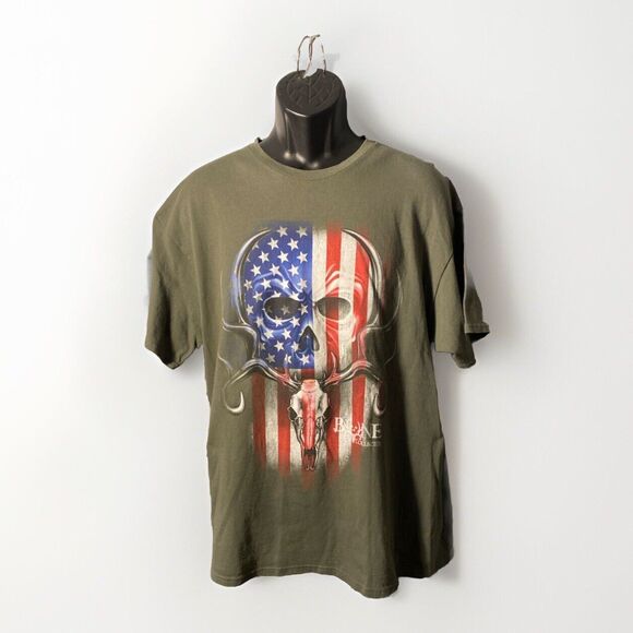 Bone Collector Men's T Shirt Green American Flag‎ Skull Cotton Size XL - Picture 2 of 4